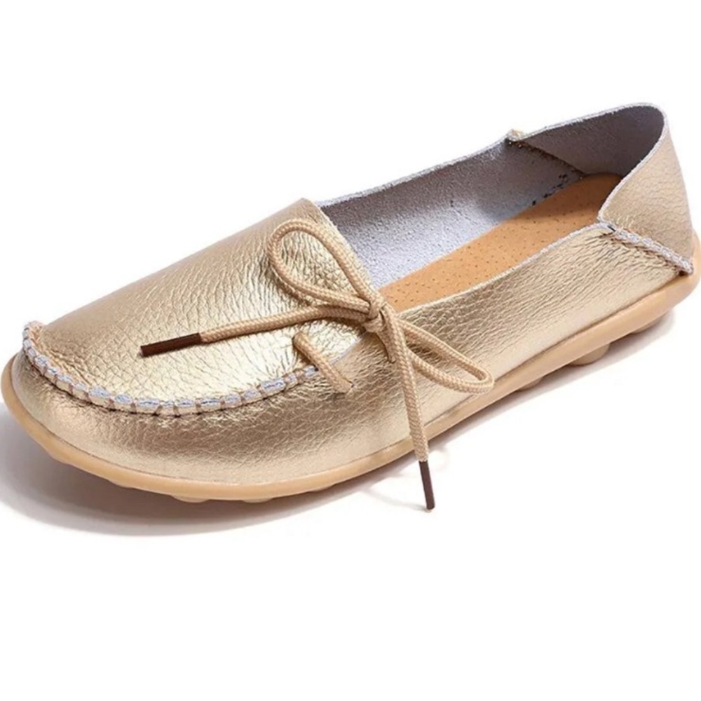 BOW SOFT Gold LEATHER SLIP-ON MOCCASIN SHOES